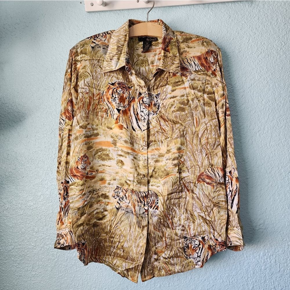 CB STUDIO by Cory B vintage 100% silk padded shoulder animal print blouse